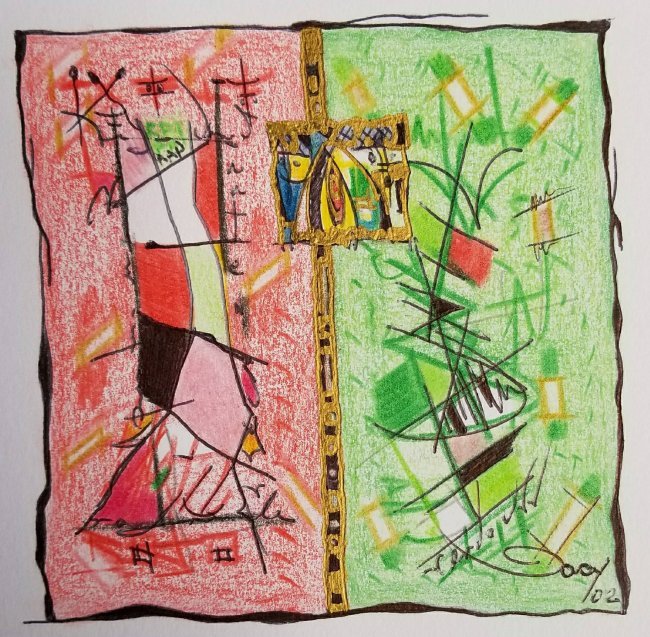 ABSTRACT DECO CARIBBEAN LATIN AMERICAN ART GACY: LATIN AMERICAN ART BY GACY ,GABRIEL CALDENTEY ,MINATURE SKETCH DRAWING ON PAPER 8 1/2" X 5 3/4" "APUNTES EN ROJOVERDE",SIGNED DATED 2002. OVER 40 YEARS OF CAREER. HIS PAINTINGS FORM PART OF MANY PRIVA