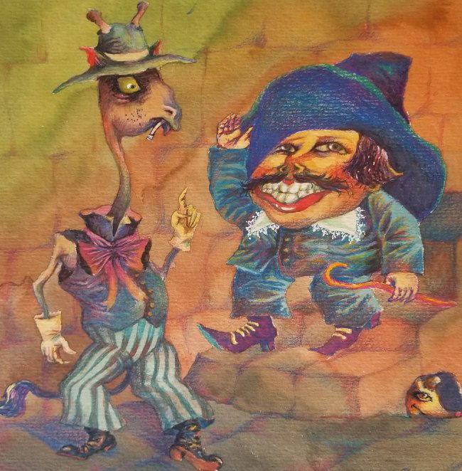 Latin American Art Cartoons Comics Naif Surrealism Art: Famous Latin American Art Sandro de la Rosa .Private Collection, Comic Surrealism Theme 1993 ,Mixed Media on Paper 9" x 9"