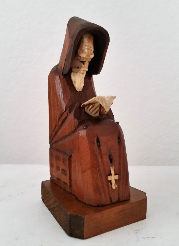 Wood Praying Monk Vintage Sculpture Religious Art 1950