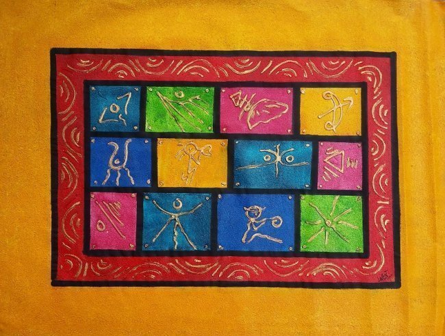 Haitian Art Larent Mixed Media on Canvas Taino Painting: Haitian Art Taino Style ,Mixed media on Canvas BY Larent.38" x 29" .