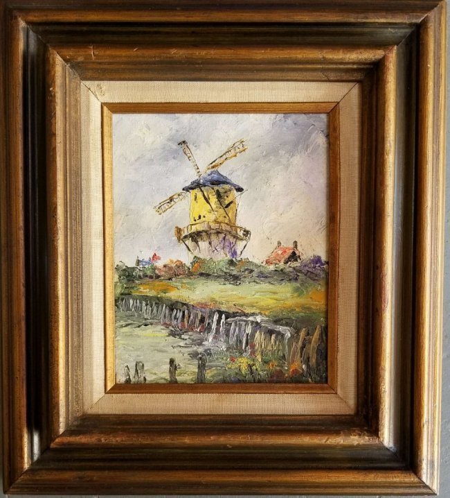 Antique Vintage Windmill Landscape Impressionism FRED (1 of 2)