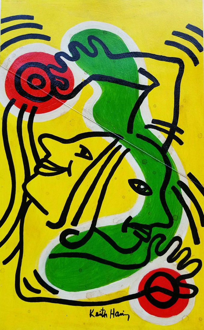 Keith Haring Mixed Media on Paper (1958-1990): Keith Haring Mixed Media on Hard Paper, Private Collection. 13.5" x 8.5" Attrib to Keith Allen Haring (May 4, 1958 - February 16, 1990) was an American artist and social activist whose work responded