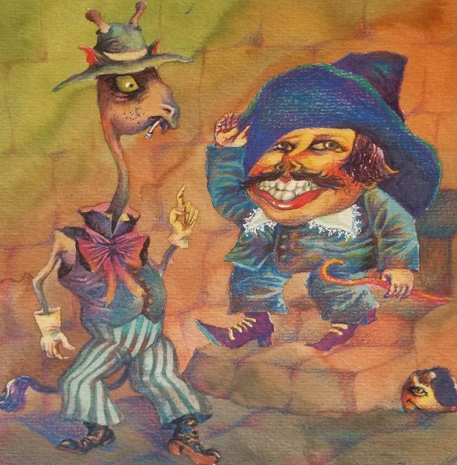 Latin American Art Cartoons Comics Naif Surrealism Art: Famous Latin American Art Sandro de la Rosa .Private Collection, Comic Surrealism Theme 1993 ,Mixed Media on Paper 9" x 9"