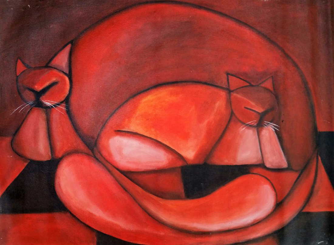 Jose Pion Red Cat Naif Naive Latin American Art