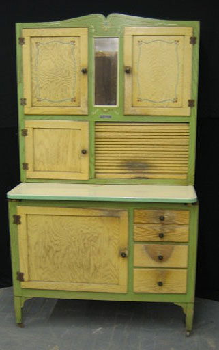 Stenciled Hoosier Style Cabinet by Pantryette--: Stenciled Hoosier Style Cabinet. Art Deco. Original Green and Cream Paint w/ Stenciling. By Pantryette.
