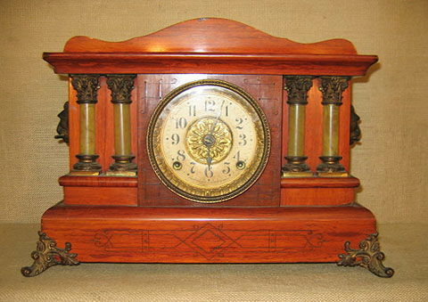 Clock. Seth Thomas. Mantle Clock. Late Victorian.: Clock. Seth Thomas. Mantle Clock. Late Victorian. Egyptian revival pulls. Rosewood?. 12.5 x 6.5 x 16