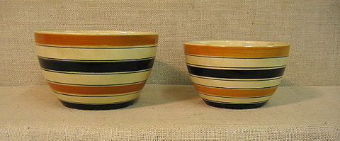 Yellow ware. 2 banded yelloware bowls. Japan.: Yellow ware. 2 banded yelloware bowls. Japan. 1920's. Art deco. Ochre and black banding. Sold as one money. 5 x 8.5 and 4.26 x 7.25