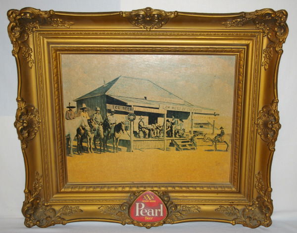 Pearl Beer Judge Roy Bean Ad In Lighted Frame: Pearl Beer Judge Roy Bean Ad In Lighted Frame. Plastic Frame Has Bulb Behind Pearl Logo. Measures 28.5" X 25".