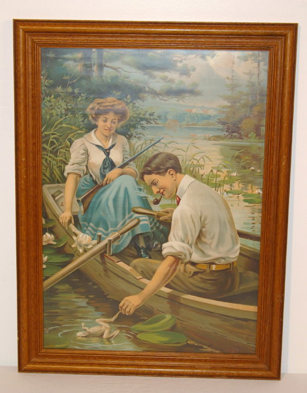 Antique Peters Ammunition Advertising Poster: Peters .22 Cartidges Lithograph Advertising Poster. Victorian Man & Lady Hunting Frogs with a .22. Measures 27 1/2 in x 20 1/2 in Guaranteed Old & Authentic. Sharp Graphica, Looks Great!