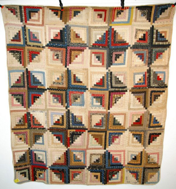 Sunlight And Shadows Log Cabin Quilt: A Sunlight And Shadows Log Cabin Quilt . Hand Stitched. 64" X 75"