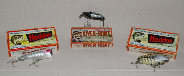 Three Heddon Fishing Lures In Original Box: Three Heddon Fishing Lures In Original Box. Includes River Runt Spook Sinker, Crazy Crawler, And Chugger Spook. qty: 1