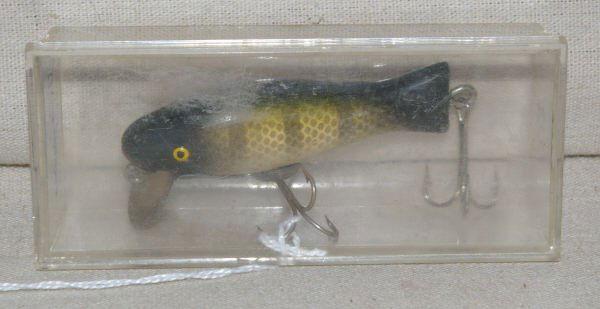 JC Higgins Lure In Original Box: JC Higgins Lure In Original Box. Lure Caster With Paw Paw On Lip. Length 3". qty: 1