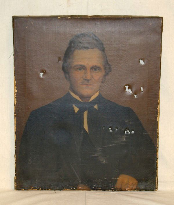 Early American Oil On Canvas Portrait: Oil On Canvas Portrait Of Man In Suit. "John Wesley Calkains" Written On Back Of Canvas. Does Have Damage To Canvas Along Right Hand Side and Upper Left Hand Side. Measures 25" x 30".