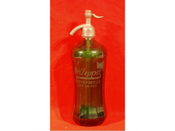 Dr Pepper Seltzer Bottle Shreveport, LA.: Early Green Dr. Pepper Seltzer Bottle Shreveport, LA. Bottom Has Makers Mark; "C" With Square Around It, H 9, 805.