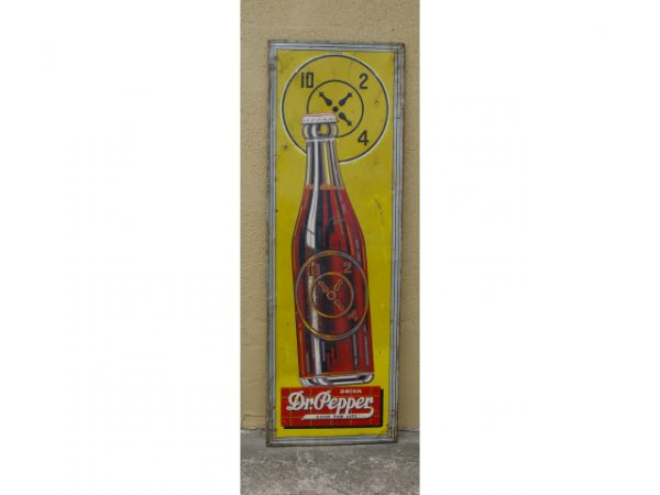 1940s Dr Pepper Bottle Advertising Sign: 1940s Dr Pepper Bottle Red Brick Tin Sign. 53-1/2" tall x 18" wide.