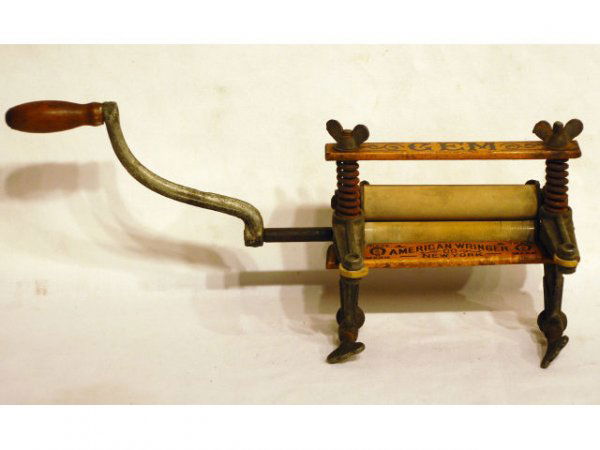GEM Salesman's Sample Wringer Washing Machine: GEM American Wringer Co. New York Salesman's Sample Wringer Washing Machine. Measures 16" long x 5" wide x 6-1/2" tall.