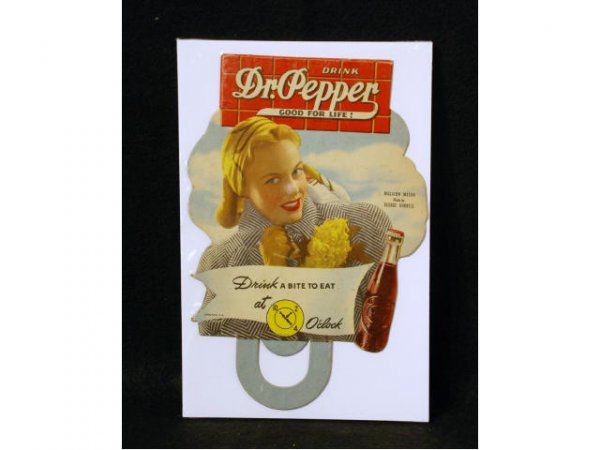 1940s Dr Pepper Die Cut Bottle Topper: 1930s-40s Dr Pepper Madalon Mason Bottle Topper. "Madalon Mason Photo by George Hurrell". Measures 5-1/2" wide x 8" tall.