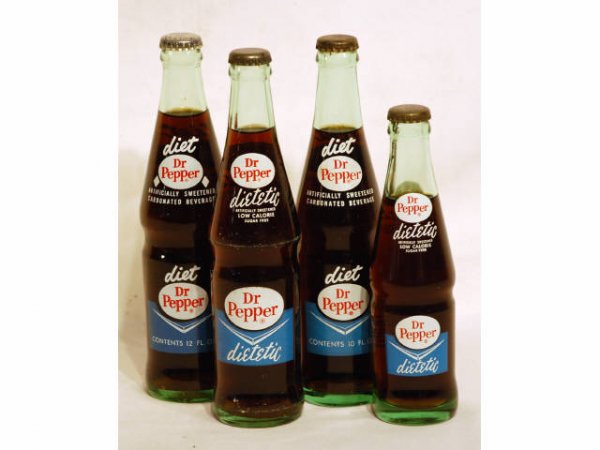 Vintage Unopened Dietetic Dr Pepper Bottles: 4 Full Vintage Diet & Dietetic Dr Pepper Bottles. Includes one 10 oz and 12 oz DIET bottle and one 6-1/2 oz and one 10 oz. DIETETIC bottle.