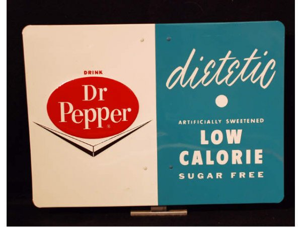 Vintage Dr Pepper Dietetic Bottle Rack Sign: Vintage Dr Pepper Dietetic Sign with Metal Stand. Chevron Circa 1960s. New Old Stock. Measures 16" wide x 12-1/4" tall.