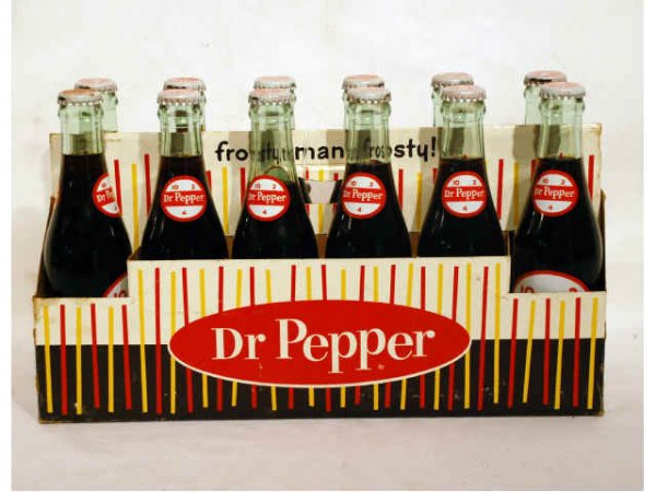 Vintage Dr Pepper 12 Pack Carrier & Bottles: Vintage Dr Pepper "frosty, man, frosty!" 12-Pack Chevron Carrier With 6-1/2 Ounce bottles. Bottles caps are From the Dublin Texas Dr Pepper Plant. Bottom of cardboard carton is marked "Olin Packaging