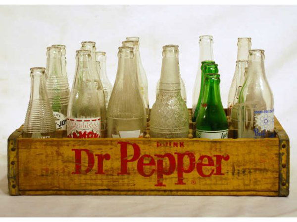 22 ACL Property of Dr Pepper Bottles: 22 ACL Property of Dr Pepper Bottles & 2 Other Bottling Company Painted Label Bottles In Wooden Dr Pepper Crate. Includes 22 Dr Pepper Bottling Company Bottles, 1 Polly's Soda Pop, Independence, MO Bo