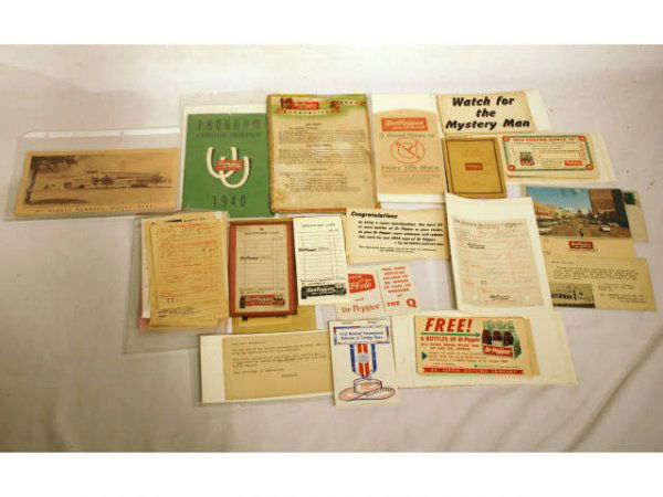 Vintage 1930s-40s Dr Pepper Paper Ephemera: Assorted Vintage Dr Pepper Paper Ephemera. Includes Menus, Coupons, Receipts, No-Drip Bottle Protector, And Shopping Lists.
