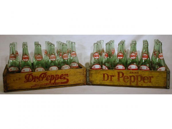 46 Dr Pepper Diamond Bottles & 2 Cases: 46 Vintage 12 Ounce Dr Pepper Bottles With Diamonds on the "Shoulders" & 2 Wooden Cases.