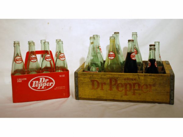 Vintage Collection 20 Dr Pepper Bottles & Carriers: Vintage Collection of 20 Dr Pepper Bottles & Carriers. Includes: 2 each Bottle Cap Logo 10 Ounce Bottles (2-1/4" x 9-1/2") -- one Full, and one Empty (marked Dr Pepper Bottling Company, Wichita, Kans.