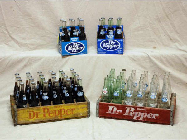 Lot of 60 Diet Sugar-Free Dietetic Dr Pepper: Lot of 60 Ten Ounce Diet, Sugar-Free, and Dietetic Dr Pepper Bottles (2-1/4" diameter x 9-3/4" tall) in two wooden 24-Pack cases (18" x 12" x 4") and two 6-Pack cardboard carriers (7-1/4" x 5" x 7-3/4