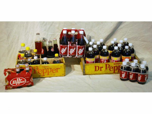 43 Dr Pepper Styrofoam Label & Other Bottles: 43 Assorted Dr Pepper Styrofoam Label and Other Miscellaneous Bottles In Carriers & Crates. Range From 10oz to 20oz Bottles. In Carriers & In 2 Wooden Crates.