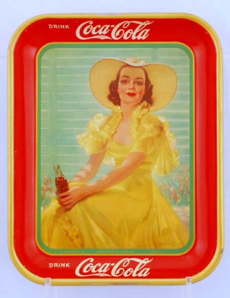 1938 Coca-Cola Tray Girl in Yellow Dress: 1938 Coca-Cola Tray Girl in Yellow Dress. Marked "1938 American Art Works". Measures 10-1/2" x 13-1/4".