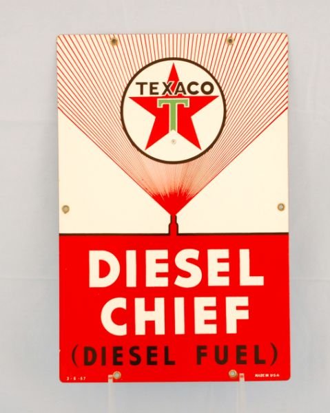 1962 Texaco Diesel Chief Gas Pump Sign: 1962 Texaco Diesel Chief Gas Pump Sign. Marked "3-6-67". Measures 12" W x 18" H.