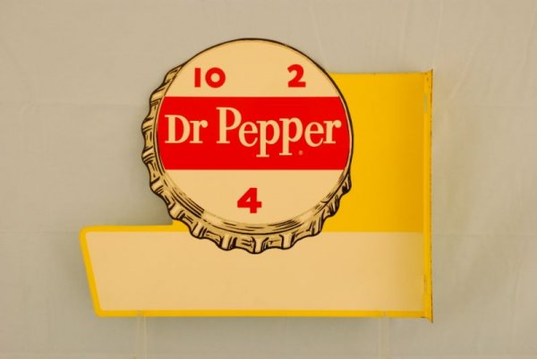 Dr Pepper Bottle Cap Double-Sided Flange Sign: Dr Pepper Bottle Cap Double-Sided Flange Sign. Measures 22' W x 17-3/4" H.