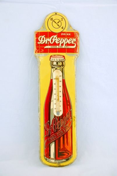 1930s Dr. Pepper Red Brick Bottle Thermometer: Dr. Pepper Tin Thermometer. Thermometer is missing. Measures 17-1/4" H.