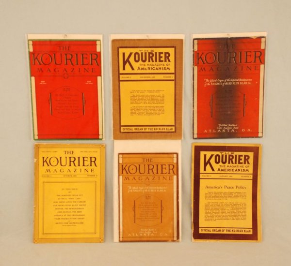 Collection of Ku Klux Klan Magazines & Memorabilia: Collection of Ku Klux Klan Magazines & Memorabilia. Includes 6 Kourier Magazines: The Official Organ of the Imperial Headquarters of the Knights of the Ku Klux Klan, Inc." from 1925, 1926, 1928 & 1929