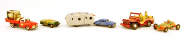 Collection of 5 Japanese Tin Toy Cars: Collection of 5 Tin Toy Cars. Phone Jeep (Measures 8" long x 4" wide x 3 1/2" tall), Hadson #8 race car, mixer truck, Hadson star jeep, sedan with camper trailer & yard furniture.