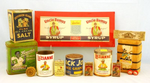 Collection of Black Americana Advertising: Includes Uncle Remus Syrup Ad, Tins advertising Luzianne Coffee, German Moquntia Feinwurst, Black Joe Juice Grapes,Solidhead Eyelets, Longwood Plantation Syrup, Stuckey's Creole Pralines Box, Jefferso