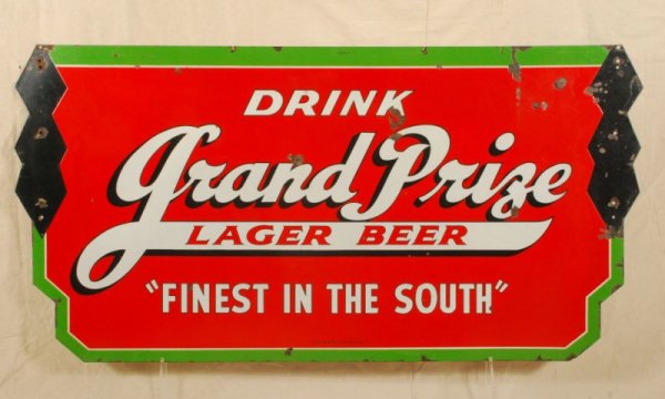 Large Grand Prize Beer Porcelain Sign: Grand Prize Beer D/S Porcelain Sign. Measures 58 W x 38-1/2" H."