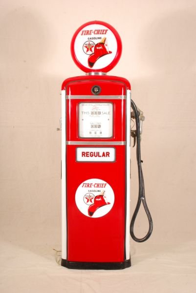 Texaco Fire Chief Gilbarco Gas Pump Restored: Restored Texaco Fire Chief Gilbarco Gas Pump with Globe. Globe & Pump Sticker are reproduction.