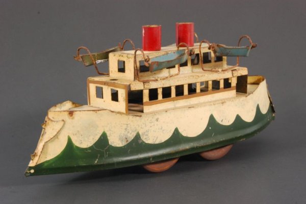 Hill Climber Tin Toy Boat: Measures 13" long x 4 1/2" wide x 5 1/2" tall. (P978.101.696 A, & B)