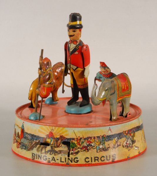 Marx Ring A Ling Circus Wind up Tin Toy: In Working Condition, But Does Hang up Sometimes, Marked L"ouis Marx & Co. N.Y. USA: