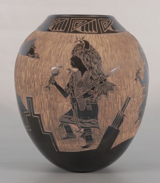 Santa Clara Pottery Black Carved Jar Signed Tafoya: Signed Judy & Lincoln Tafoya, Santa Clara Pueblo, NM 96. 2nd Place Winner June, 1997 Jemez Red Rocks Arts & Crafts Show; Third Place Winner, United Tribes 1997 Indian Arts Expo & Market Bismarck, Nort