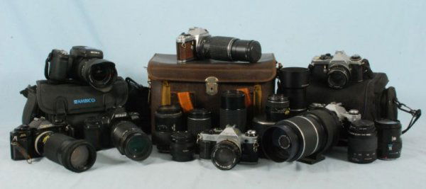 Lot of Seven Cameras and Lenses: Lot of Seven Cameras and Lenses One is Digital, Others Take Film, Cannon, Nikon, Sony, Pentax