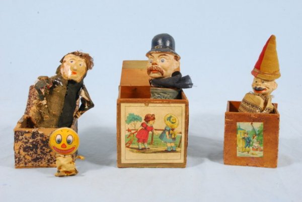 Collection of 4 Antique Jack In The Box Toys: German. Papier mache. Largest Measures 7" H. (P978.101.587; .81; 496; 479A) Condition issues throughout.