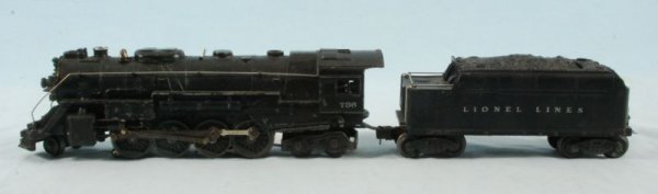 Lionel Toy Train Engine & Coal Car: Engine "736" (12" L) and Coal Car (8-3/4" L) stamped 2020W on underside. (P987.26.02A-B)