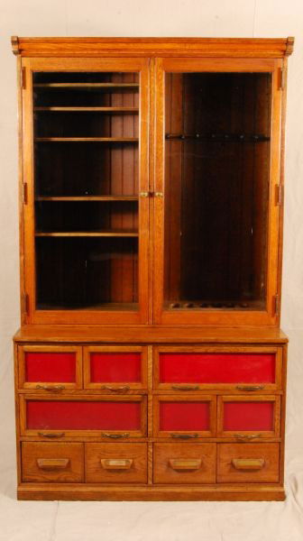 Country Store Warren Gun Display Cabinet: Rare Gun Display On One Side. Manufactured by the JD Warren Co of Chicago, Ill. Top Unit has Glass Fronted Shadow Box Style Doors That Were Used For Display Over Adjustable Shelves. Pine Bead Board Ba
