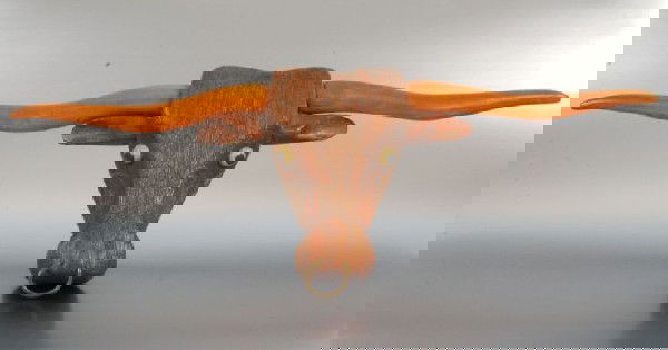 Folk Art Carved Longhorn 1935: Handwritten on back: David Smith, East Jr. High School, 7th Grade, 1935, Lancaster, PA. Measures 20-3/4" x 7" H."