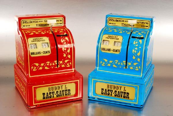 Pair of Buddy L Easy Saver Banks: One Red and one Blue. Measures 4-1/2 x 5-1/2" x 6-1/4" H."