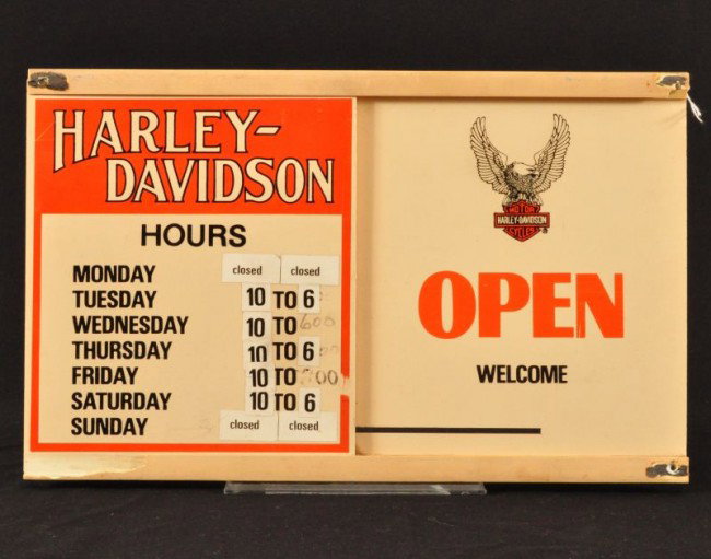 Harley-Davidson Plastic Open/Business Hours Sign: Double-sided. Measures 16 W x 10" H."