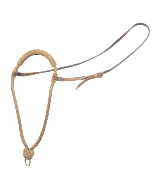 Braided Rawhide Bosal w/ Edward Bohlin Buckle JJ: Intricately crafted braided rawhide Bosal with Edward H. Bohlin marked "Bohlinmade Hollywood, Cal." mini ranger set. Good condition showing light period use.